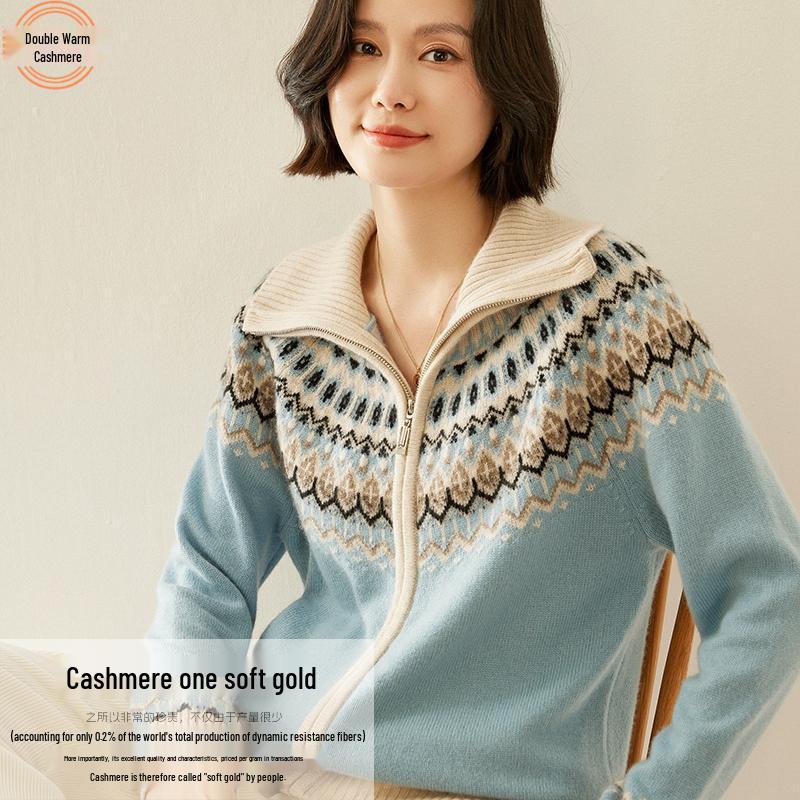

Women s Fair Isle Cashmere Zipper Cardigan - Cozy Autumn/Winter Sweater Coat. L