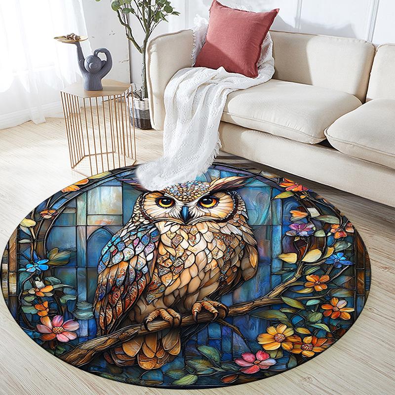 Owls and Flowers Round Area Rug,Carpet Rug for Living Room Bedroom Sofa Playroom Decor,Non-slip Floor Mat