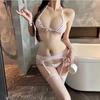Women Sexy Anime Lingerie Set Halter Strap Half Cup Micro Bra Tiny Panty Garter Belt Striped Stockings Lace Embroidery Bow