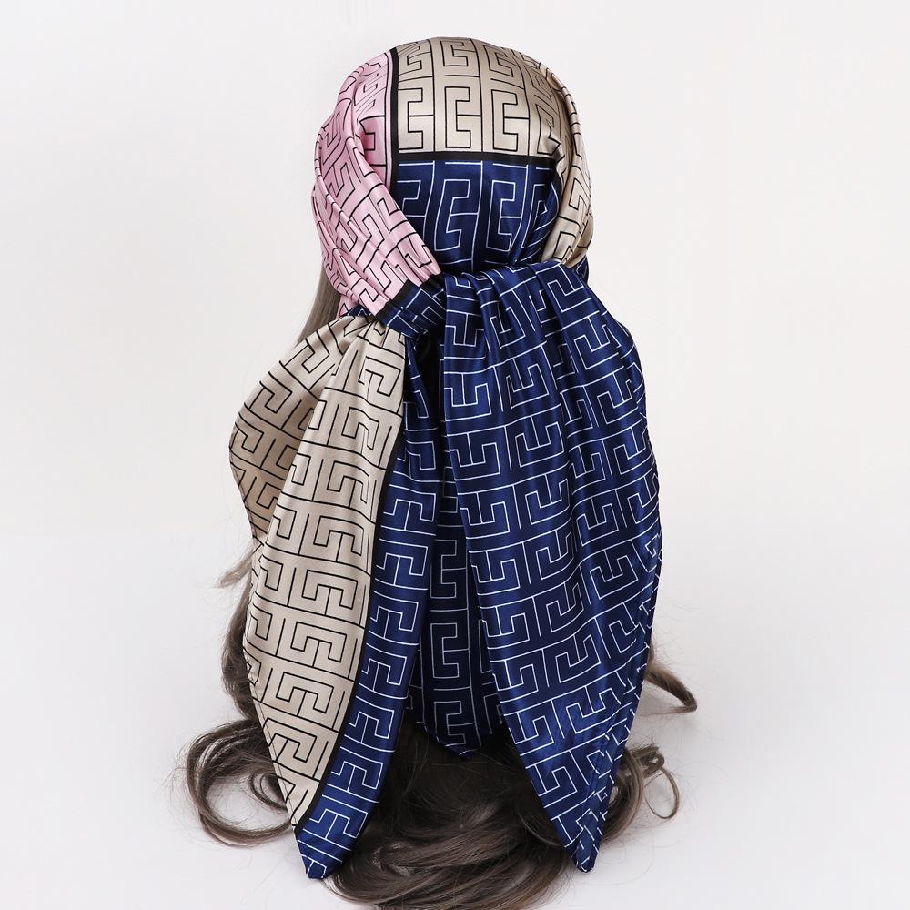90x90CM Imitation Silk Square Scarf – Women's Striped Color Block Shawl, European & American Style