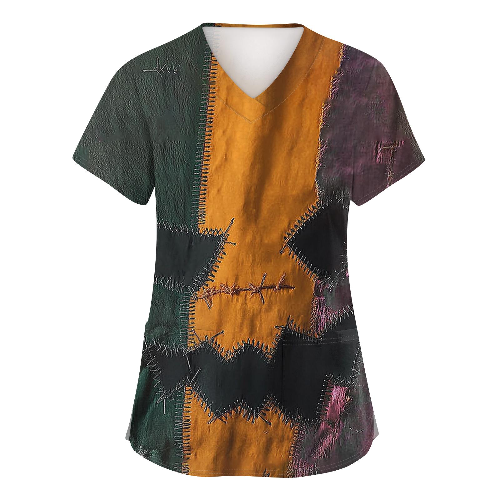 

Женские модные топы с коротким рукавом, принтом на Хэллоуин, V-образным вырезом, карманом, рабочая одежда XL оранжевый