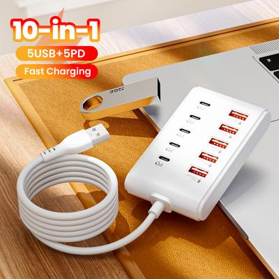 Rychlá USB nabíječka 10 v 1 Prodlužovací kabel Stolní nabíjecí stanice Rychlé nabíjení 1m kabel USB HUB Adaptér Zásuvka pro domácí kancelář