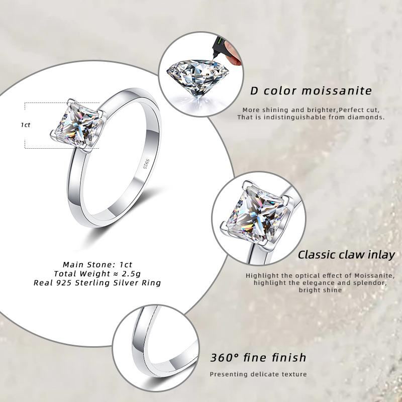 Bague Ringen 1 oder 2 CT Princess Cut Moissanite Solitaire Ring für Frauen Farblos Hohe Qualität 100% S925 Sterling Silber Band GRA