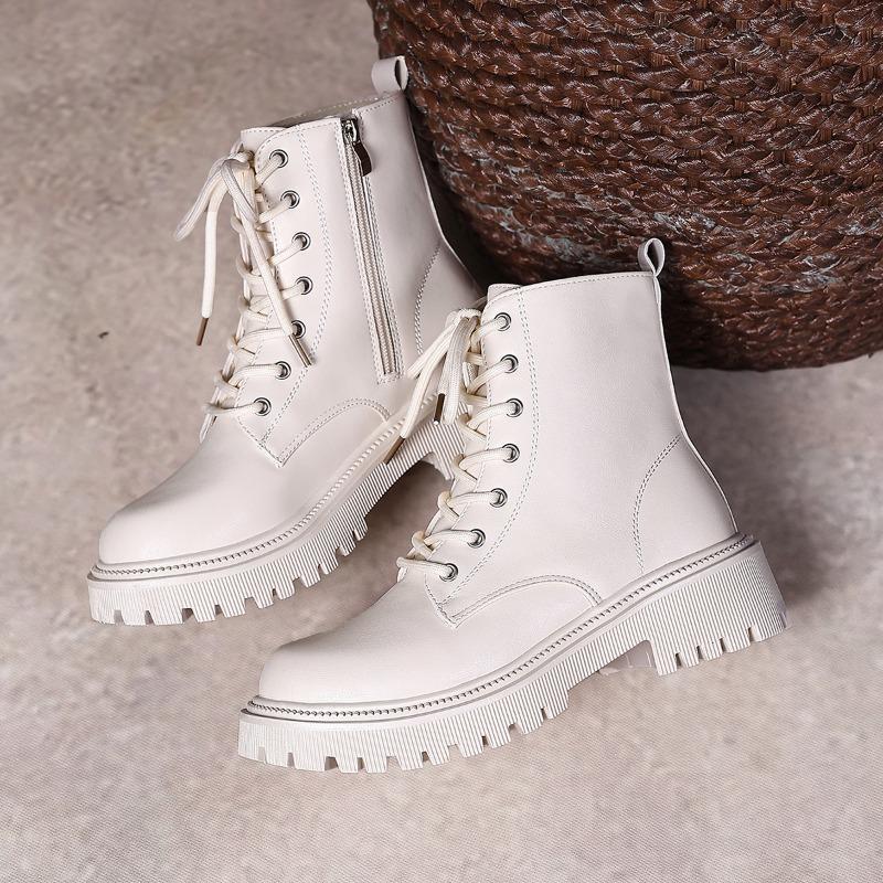 Fashion Side Zip Shortleg Boots Women's Fashion Round Toe Lace-Up Front Platform Anti-Slip Wear-Resistant Single Boots