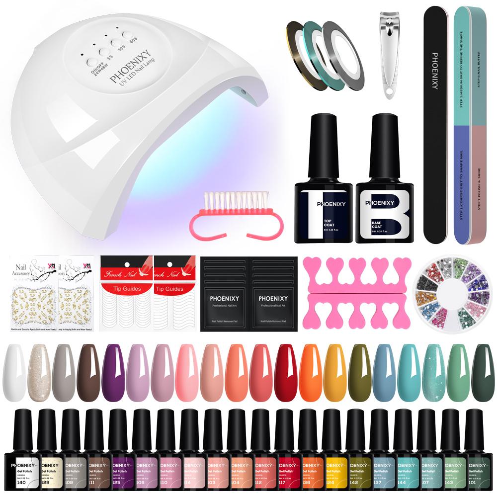 

PHOENIXY 20 цветов гель-лак для ногтей, сушилка для ногтей 48 Вт УФ/LED лампа, гель-лак для замачивания, набор для маникюра и инструменты для DIY украшения ногтей Set 01