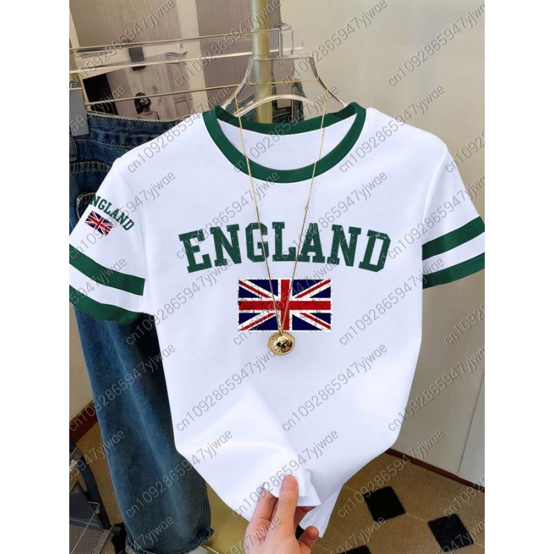 Womens Short Sleeve Color-Block ENGLAND STRIPE Print Y2k T Shirt Girl Round Neck Tee Outdoor Sports Adult Women's T-Shirt
