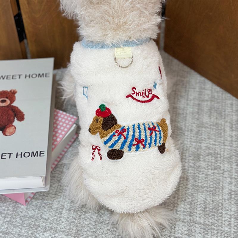Pet Plush Embroidered Vest Dog Autumn/Winter Velvet Thickened with Traction Ring Small Dog Coat Christmas Clothes Jacket