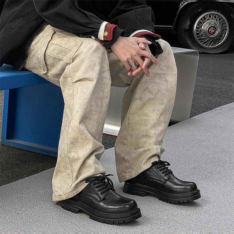 Nowe skórzane buty męskie wiosenno-jesienne biznesowe wizytowe duża głowa styl Hong Kong gruba podeszwa wewnętrzne zwiększenie wysokości brytyjskie 65225 czarne -J