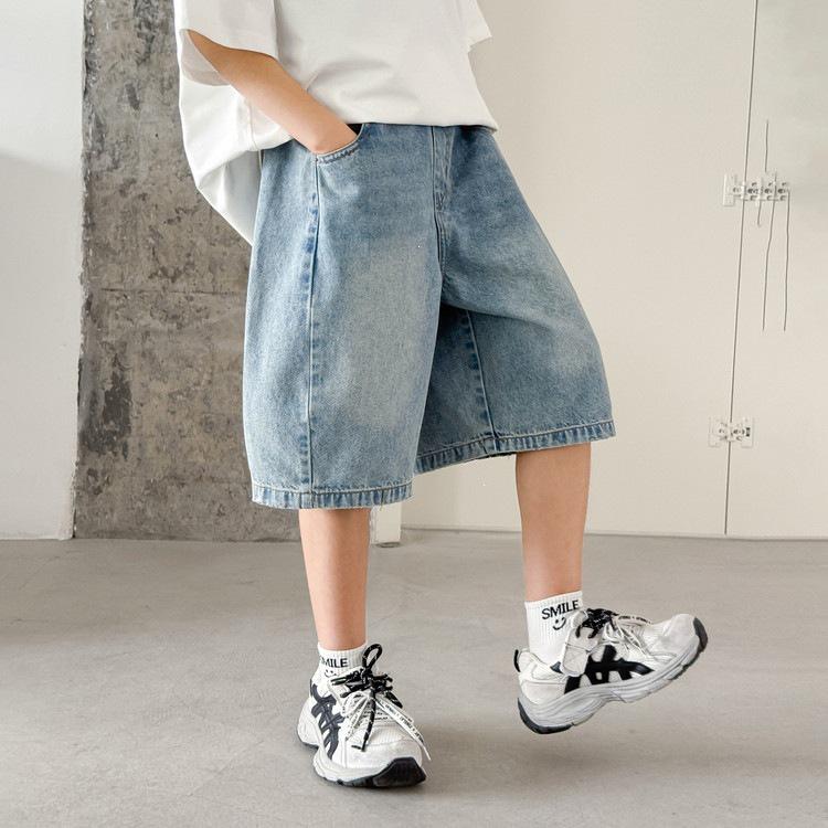 Jungen Sommer-Denim-Shorts im koreanischen Stil: Trendige, Lässige, Mittellange, Coole & Attraktive Fünf-Punkt-Hose 120 cm gray