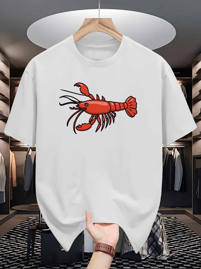 Cartoon Red Crayfish Graphic Mens Crew Neck T Shirt Simple Seafood Creature Print Short Sleeve Casual Cotton Daily Summer Tops