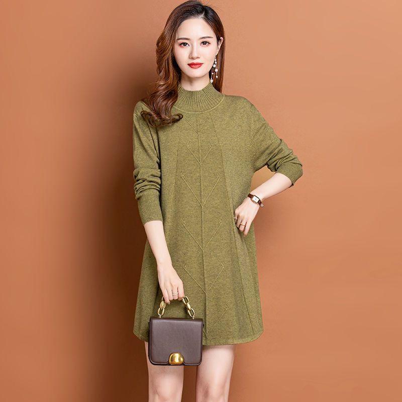 Mid-length Pullover Women's Solid-color Casual Knitted Sweater Dress Autumn and Winter Loose Large-sized Knitted Sweater