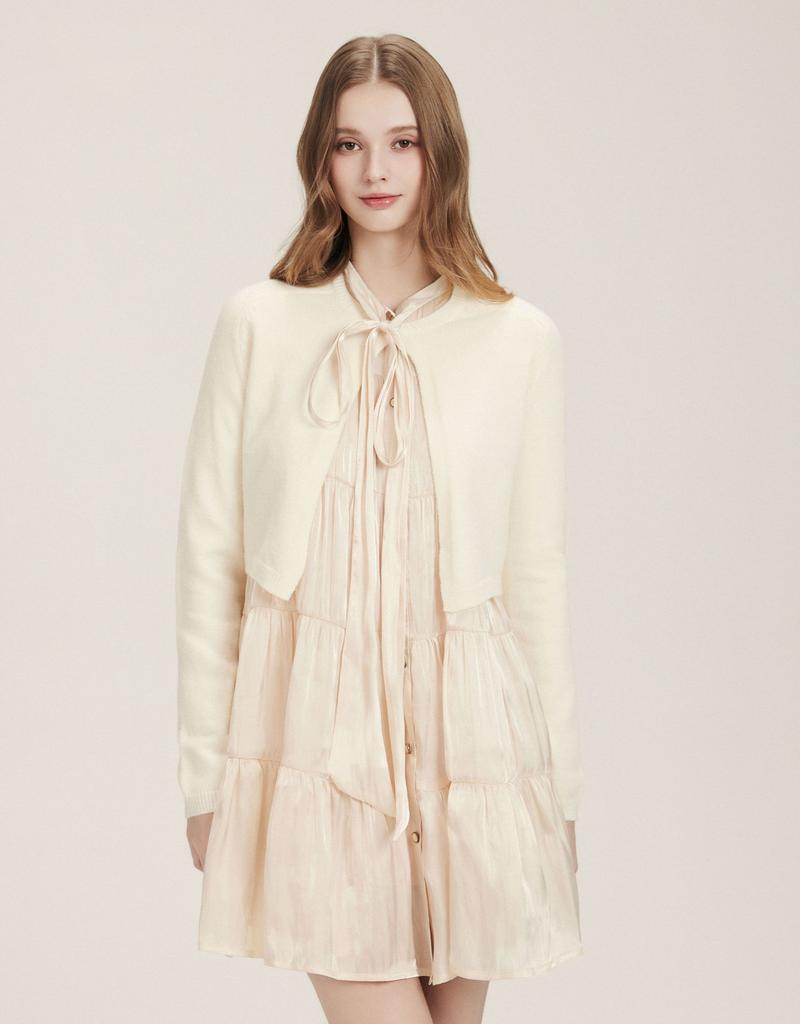 Teuwidia Peach Puff Ribbon Neck Shirt Button Dress (Free Inner Dress)