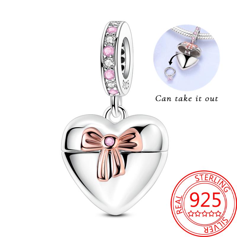 Breloque Pendentif Perles Cœur Rose Scintillant Cuivre Compatible Bracelet Original Pour Femmes Bijoux Cadeaux Saint-Valentin