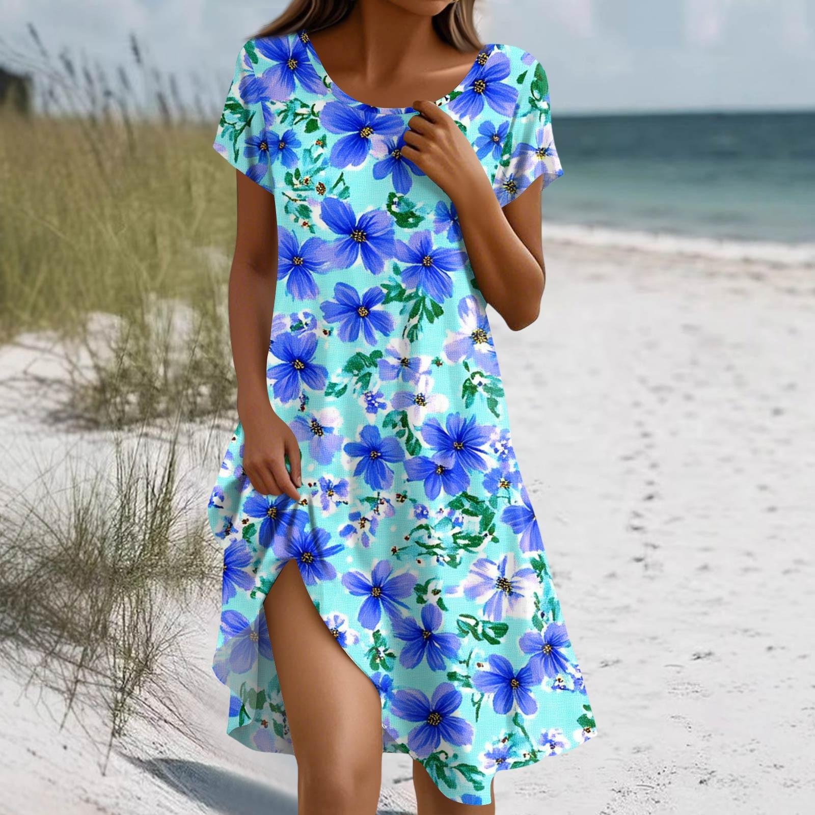 Women s Summer Short Sleeve Round Neck Floral Print Bohemian Dress With Pockets L