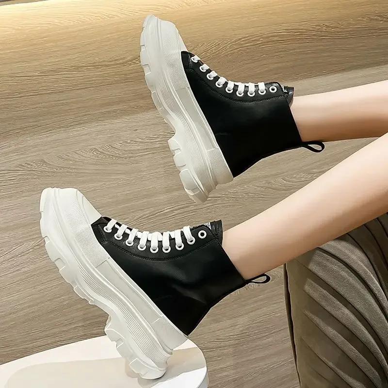 Fashion Woman Short Shoes With Laces Black Canvas Lace-up Booties Pu Autumn Hot Fashion 2024 Footwear New In Y2k Ankle Boots for Women