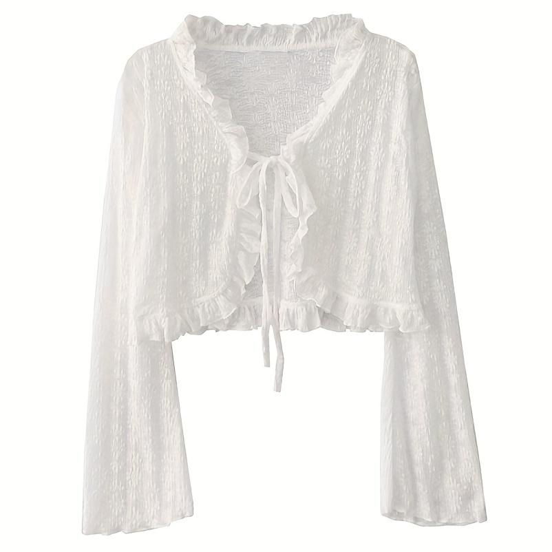 Elegante e Carino Cardigan Sottile con Laccetti e Pizzo, Top Sottile Traspirante con Maniche Lunghe in Chiffon e Volant per Donna, Mantellina Estiva