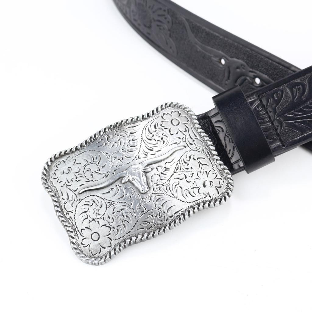 Western Denim Belt Engraved Large Plate Buckle Retro Silver Green Men'S Punk Pu Leather Fried Street Belt