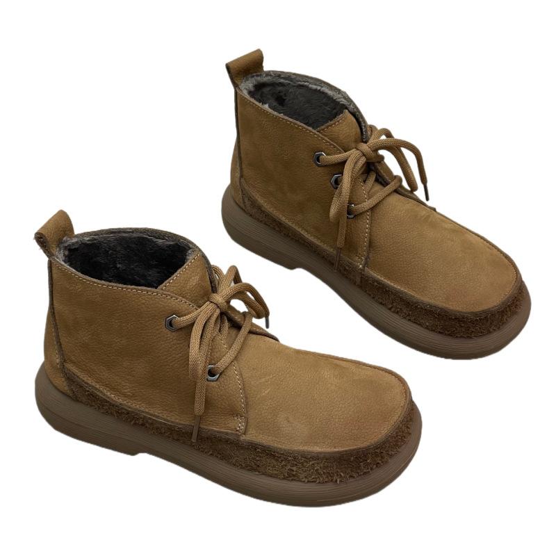 Warm Women's Cotton Boots, Flat Lace-up Round Toe Casual Soft Leather Cotton Shoes