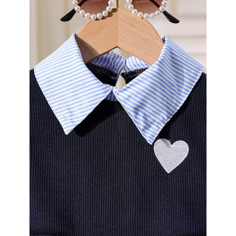 Herbst Baby- und Kleinkind Umlegekragen Hemd Patchwork Top + Denim Schlaghose Zweiteiler