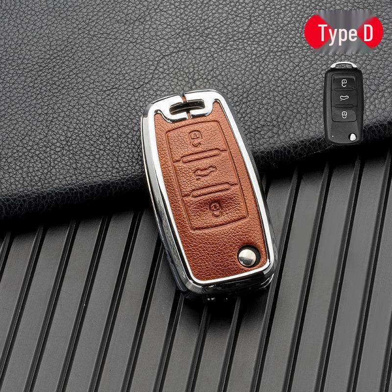 Volkswagen/Skoda Double-Sided Leather Zinc Alloy Car Key Case - Non-Signal Blocking, Full-Wrap Design