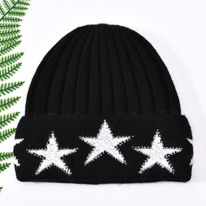 Versatile five-pointed star rabbit plush wool hat with drill outdoor autumn and winter fashion knitted hat warm ear protection windproof