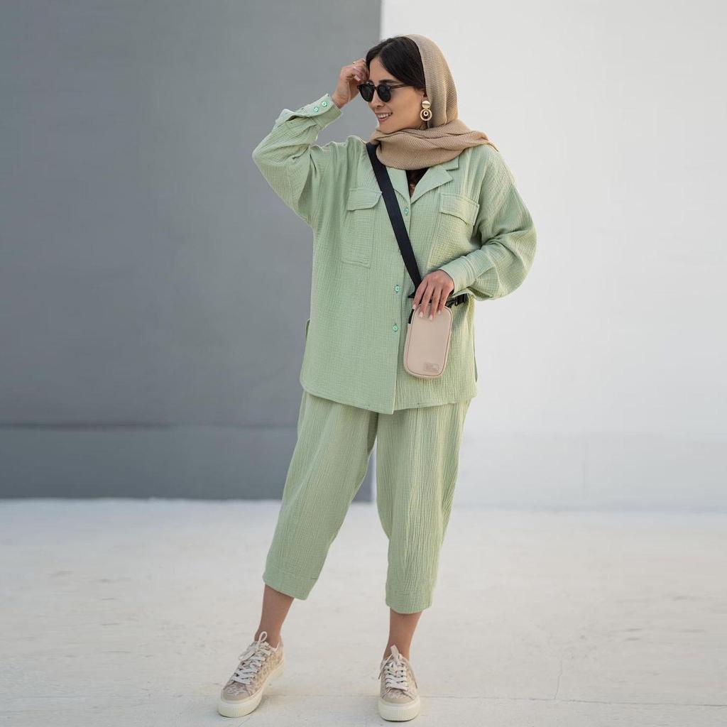 2025 Autumn Women's Two-Piece Set: Loose Solid Color Lapel Shirt & Nine-Point Trousers