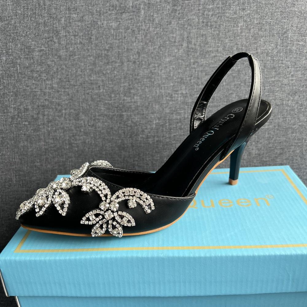 7cm Shallow Tip Toe White Wedding Sandals Thin Heels Small Size Rhinestone Chain Wedding Shoes Bride Wedding Photo Shoes