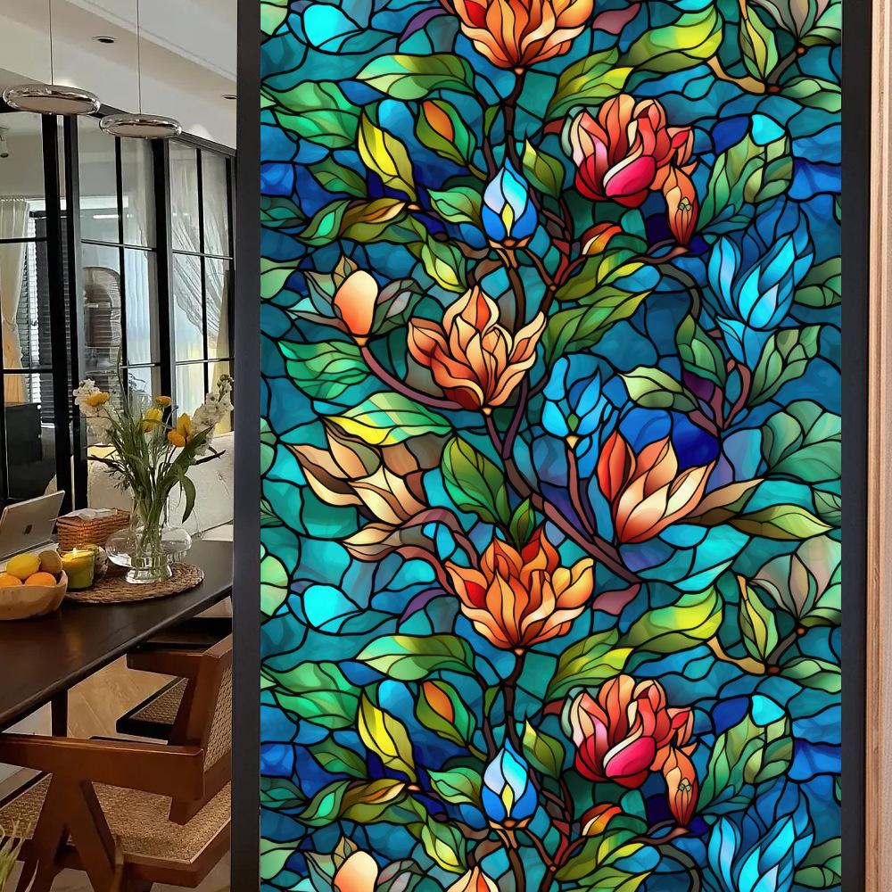Colorful Retro Floral & Bird Static Cling Window Film - No Glue, Removable