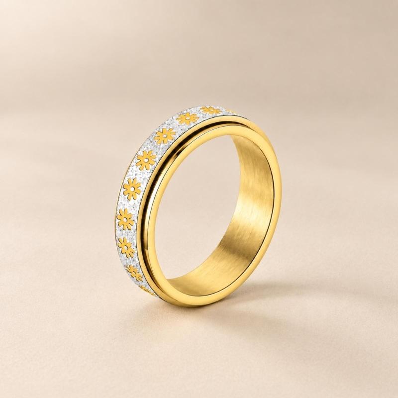 Floral Spinner Ring with Repeating Sunflower Pattern and Rotating Outer Band for Everyday Jewelry Styling and Stacking
