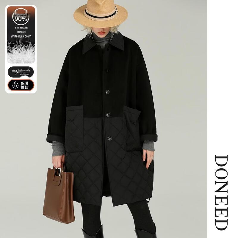 DONEED Women's Retro Wool-Blend Quilted Down Mid-Length Coat