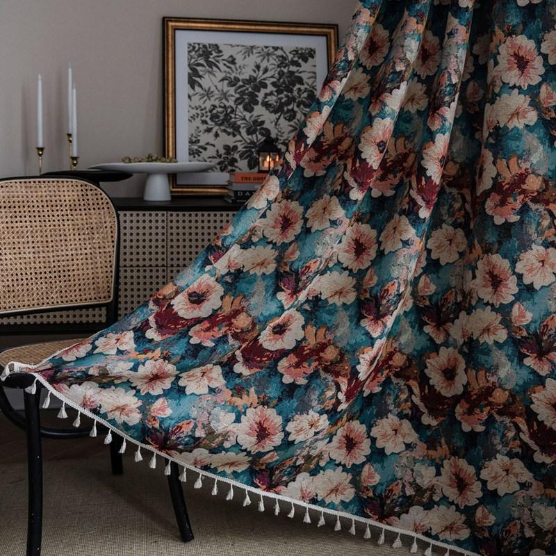 Polyester Cotton American Style Retro Jacquard Tassel Oil Painting Curtain Living Room Semi-shading Drape Kitchen Valance