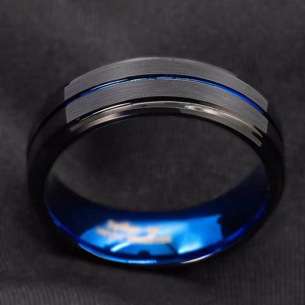 8 mm Breite Herren Titanstahl Gerillter Ring Europäischer & Amerikanischer Stil Mehrtonig Blau Schmuck Trendige Herren Accessoires 2024