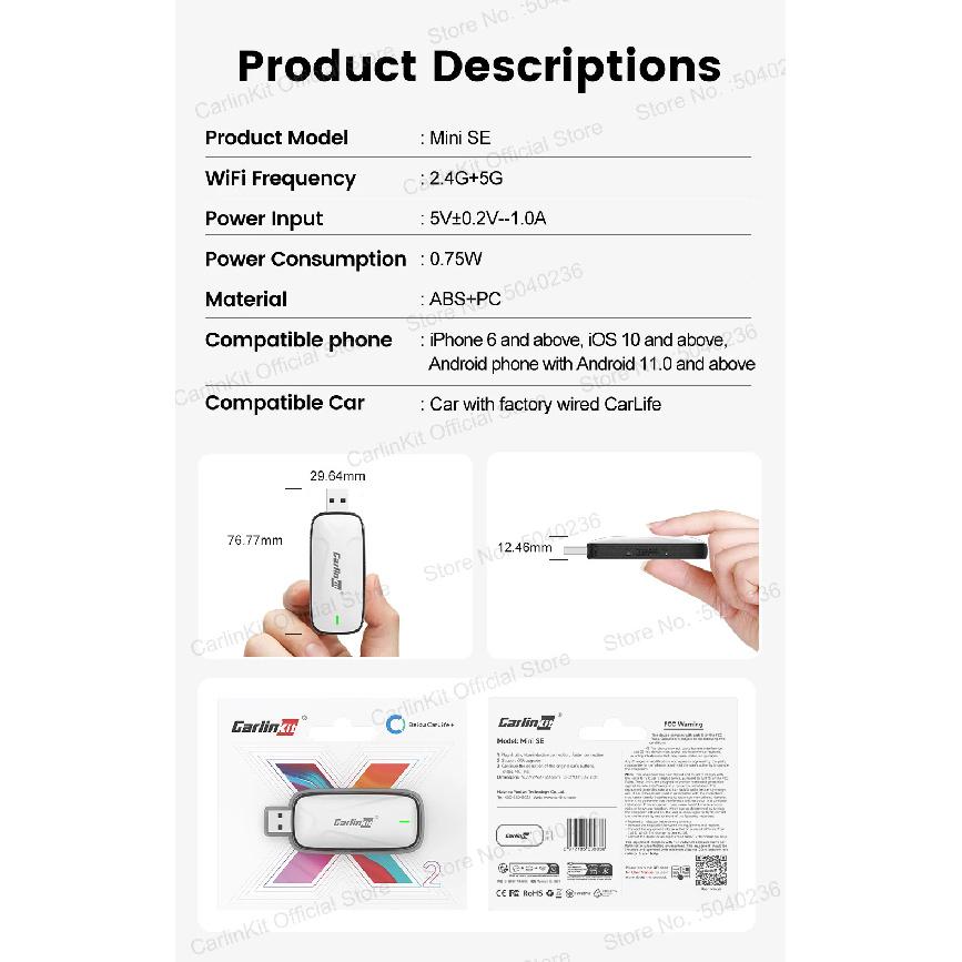 X1CA/X2CA CarlinKit 2-In-1 Wireless Adapter Wireless CarPlay Android Auto Plug &Play WiFi BLE Auto-connect For Baidu CarLife Car