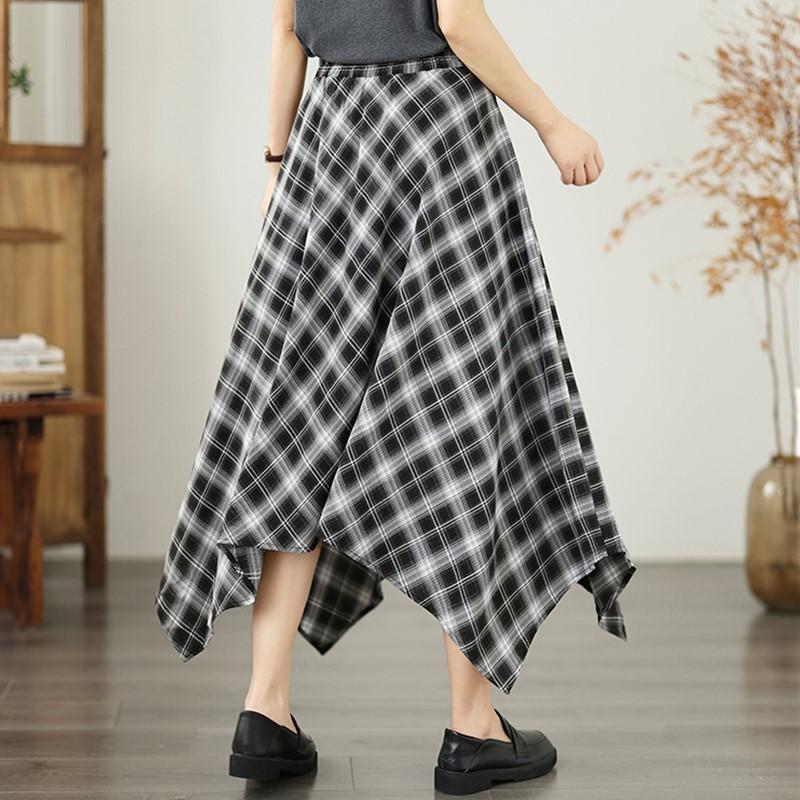 Plus Size High Waist Cotton Vintage Plaid Casual Summer Loose Long for Woman Skirts Womens Skirt