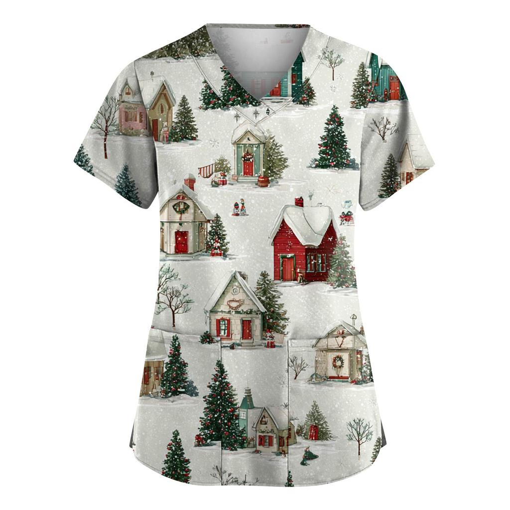 Women's Fashion V-Neck Short-Sleeved Workwear With Pockets Christmas Print Top Caregiver Uniform