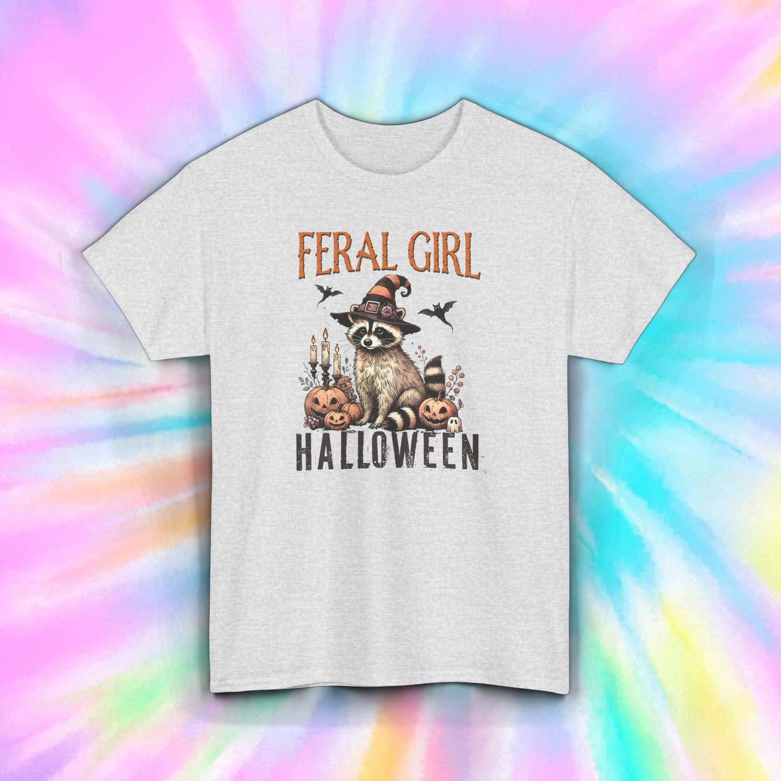 Feral Girl Halloween T-Shirt Mens Womens Tees Top | Cute Raccoon Witch Halloween Tee | S-5XL 2XL