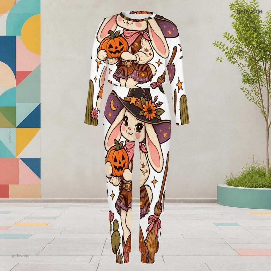 Women Plus Size White Halloween Ghost Printed Round Neck Long Sleeve Cuffed Two Piece Pants Set With Pockets