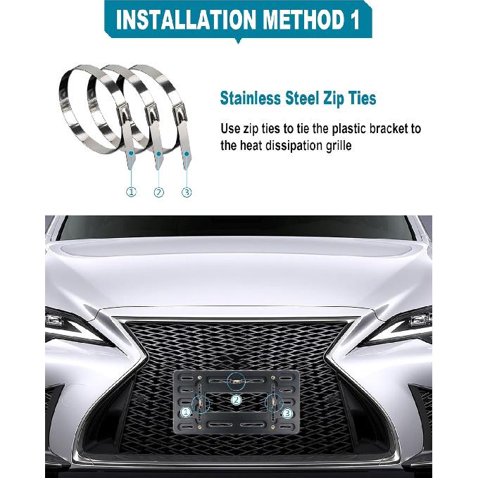 Front License Plate Bracket Holder - Universal Front Mounting Kit, Plastic Bumper Car Tag Adapter With Copper Threaded, With Screws Caps And