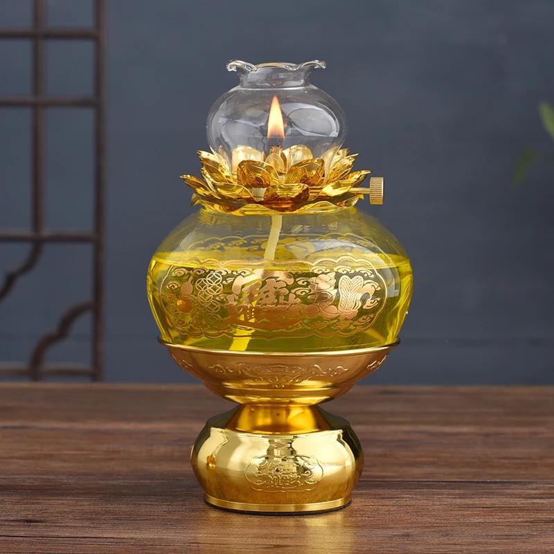 Buddha Offering Lamp, Transparent Glass Lotus Lamp, Buddha Heart Sutra Butter Lamp, Household Use, Prayer, Buddha Tools