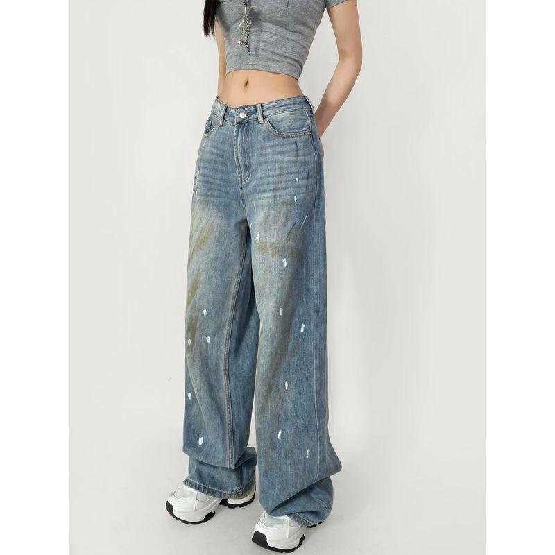 High Quality! Cotton American Heavy Industry Retro Low Waist Loose Pants Hand Frayed Old Splash Ink Paint Dirty Denim