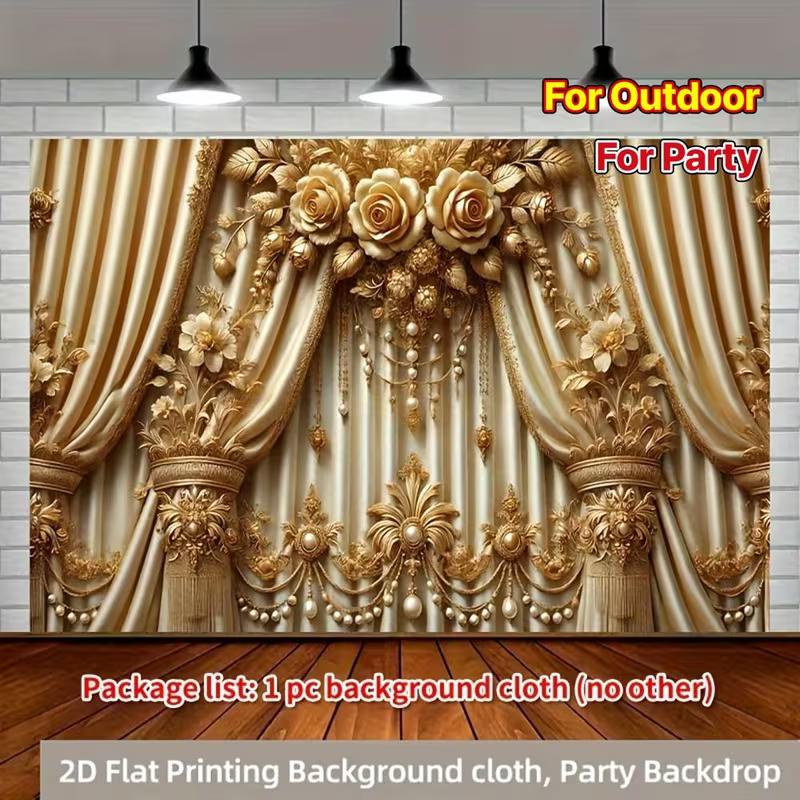 2D Flat Printing Party Backdrop Luxurious Gold Floral Curtain Scene