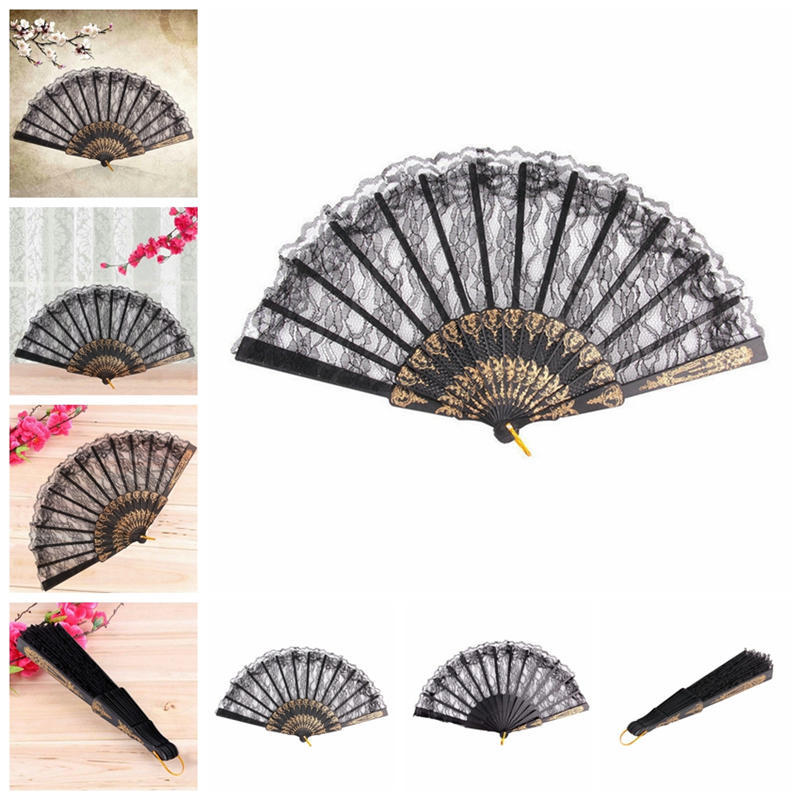 Black Spanish Style Dance Party Wedding Lace Silk Folding Hand Held Flower Fan
