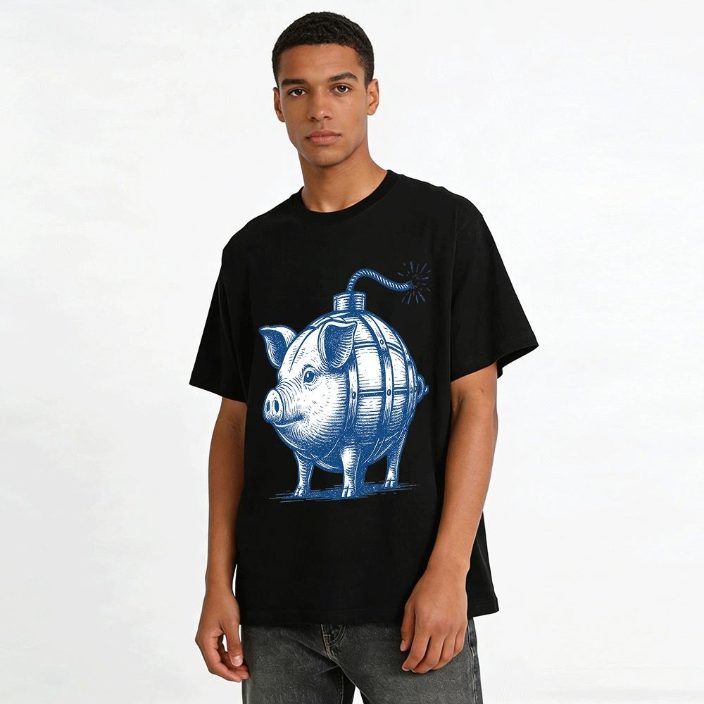 Vintage Barrel Pig Bomb Graphic Tee Quirky Funny Casual Top Pure Cotton T-shirt