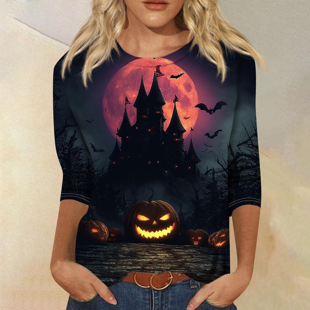 Women's Fashion Casual Round Neck Three-quarter Sleeve Halloween Printed T-shirt Top