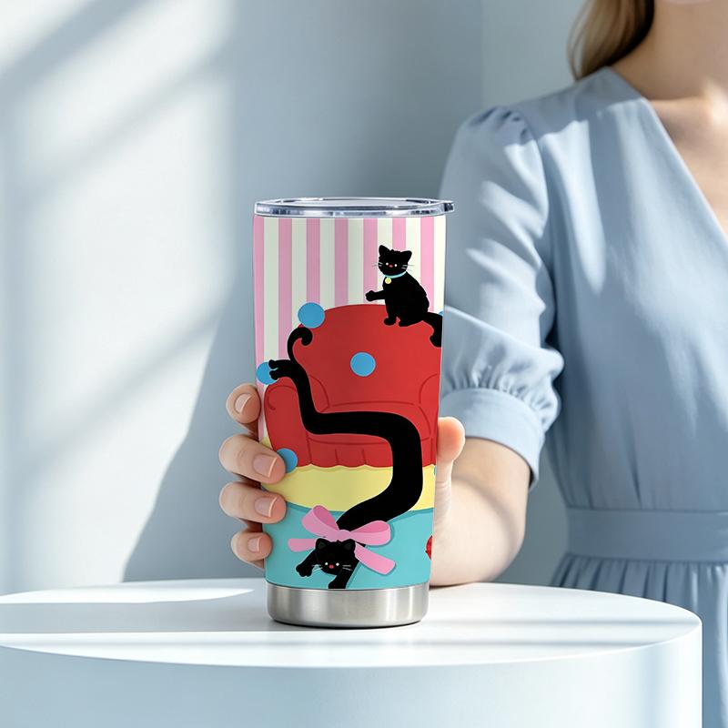 Car Tumbler 591ml(1 Random Straw Included)Red Sofa Giant Black Cat MotifSteel Straw Cup Commuter Cup Creative Gift Cup 591ml Car Tumbler