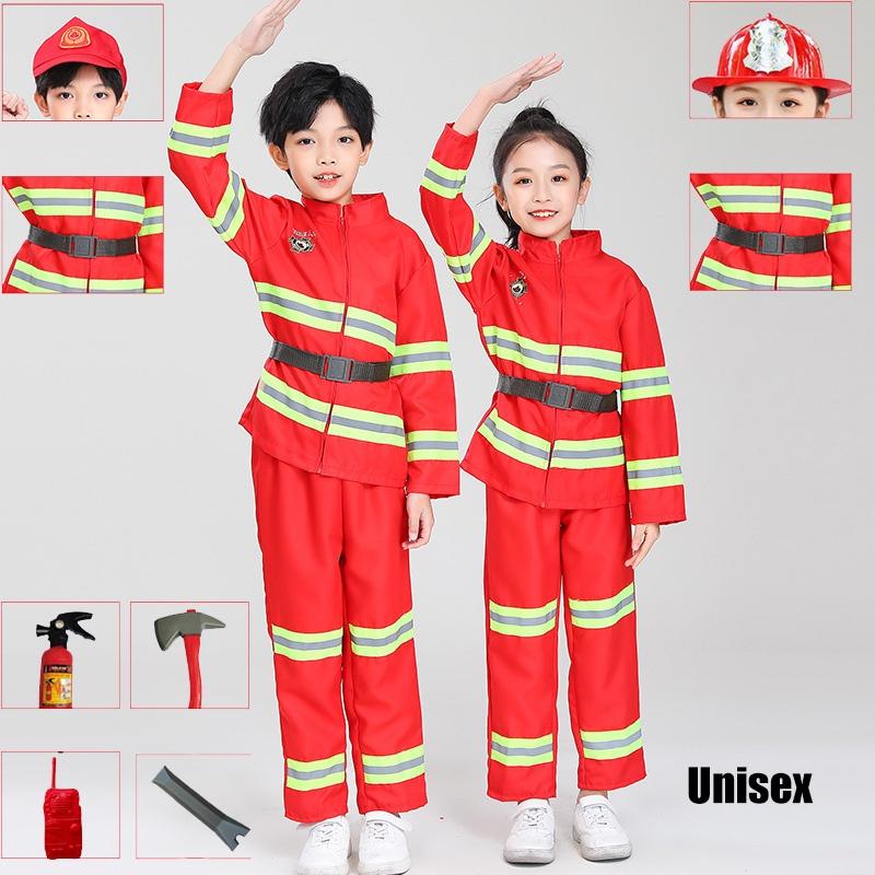 Dziecięcy strój strażaka do przebierania czerwony poliestrowy zestaw kostiumowy strażaka z paskiem i czapką z daszkiem