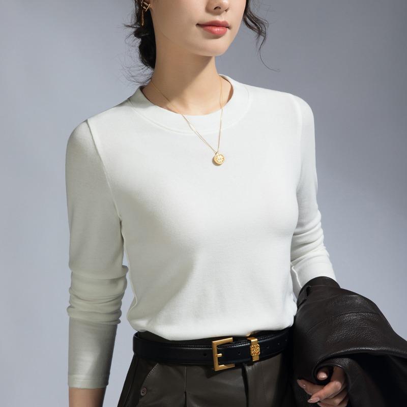 Sheep wool bottoming shirt women's summer model with new long-sleeved t-shirt crew neck slim-fit top black can be worn outside