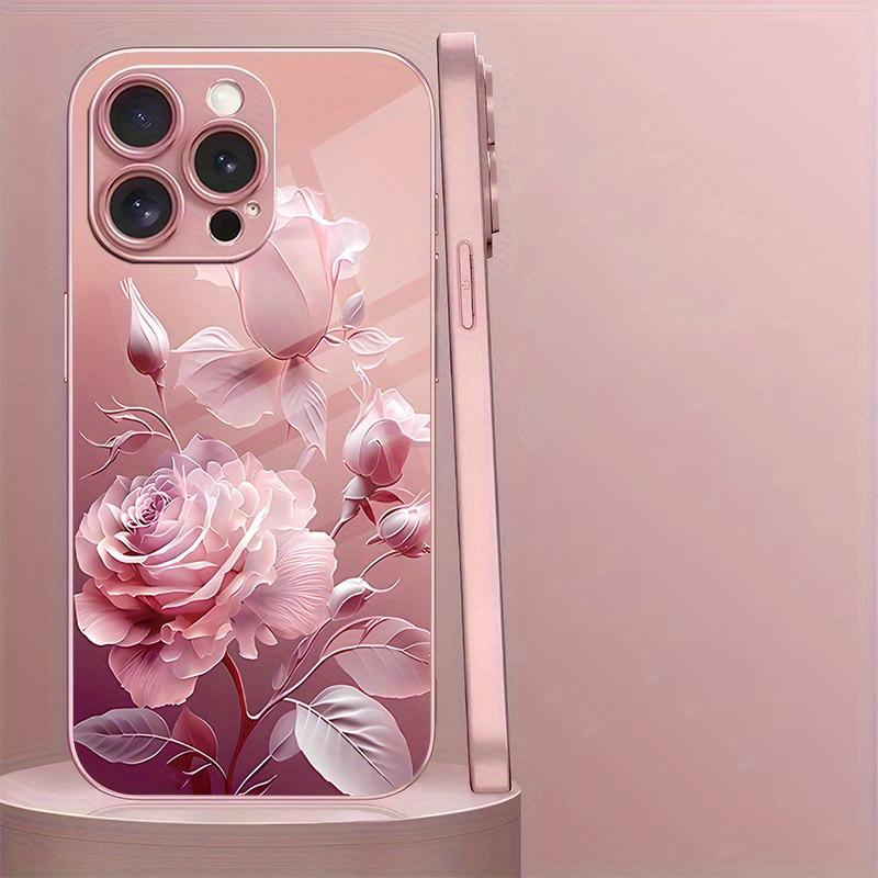 Luxury Pink Rose Pattern Pink Metallic Paint Glass Hard Phone Case For iPhone 17 16 15 14 13 12 11 Pro Max Plus 16E 17Air Cover