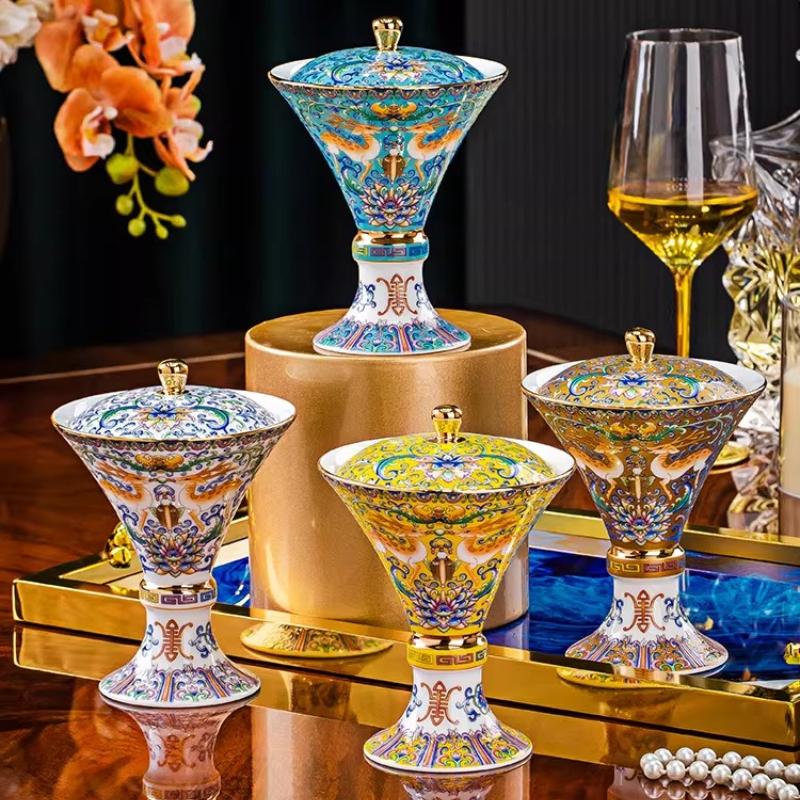 BEPAN 1PC Enamel Color Household Small Teacup Chinese Bone China Milk Tea Cup Tall Supply Bowl Ceramic Gorgeous Style Household Goods