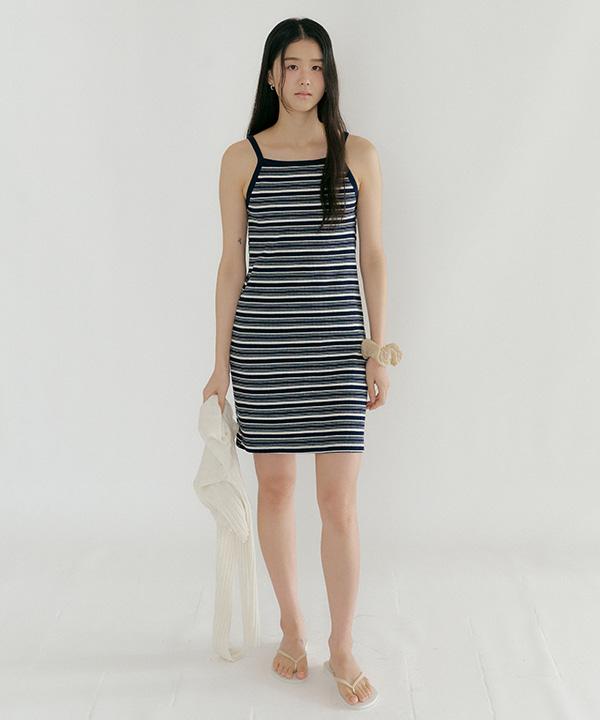 Lingseoul Ribbed Stripe Sleeveless Dress-Navy